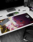 Anime girl holding a glowing heart of light with yellow lightning on a starry desk pad 40x20 inches.