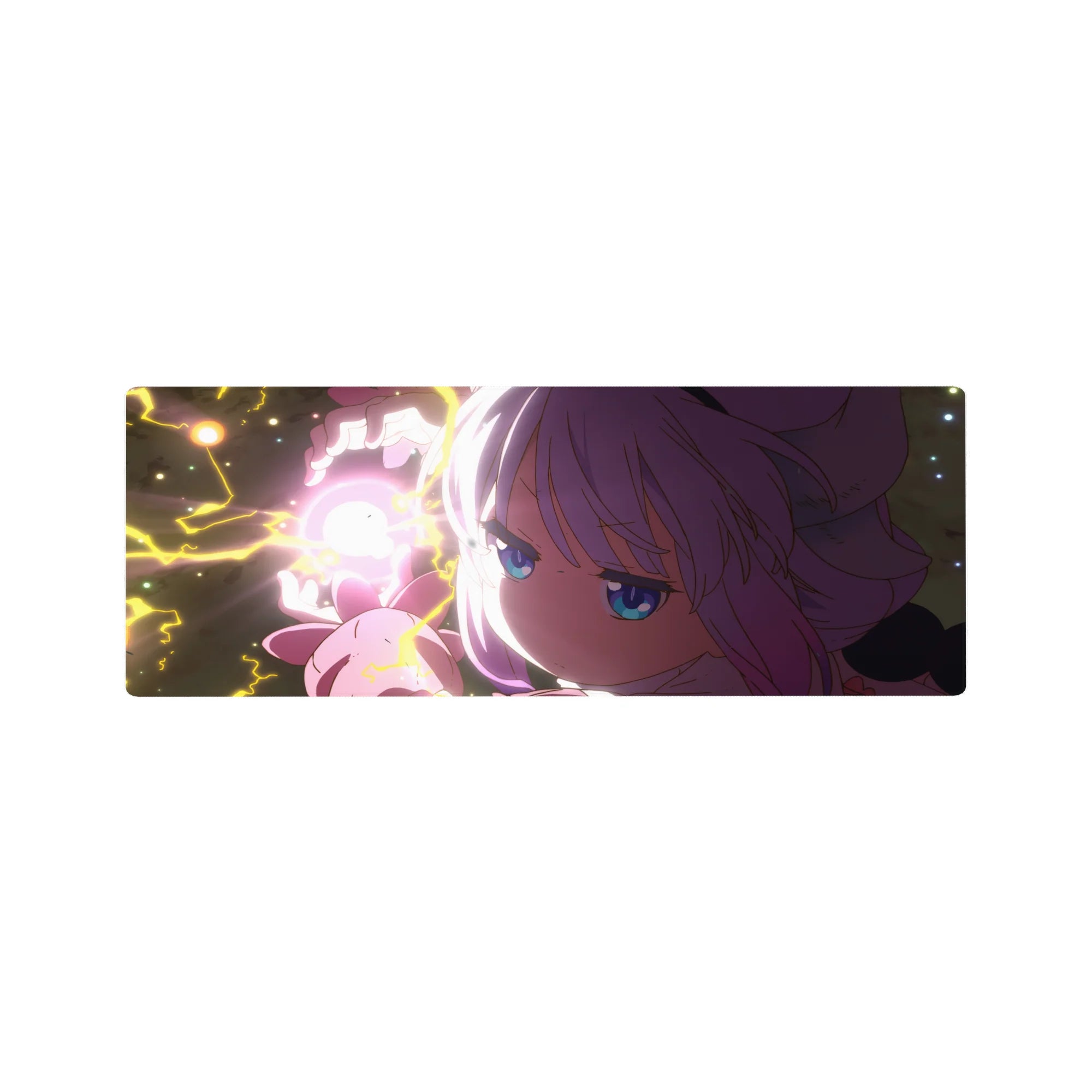 32x12 inches anime girl mouse pad with neon pink aura, lavender hair, blue eyes, and lightning heart glow.