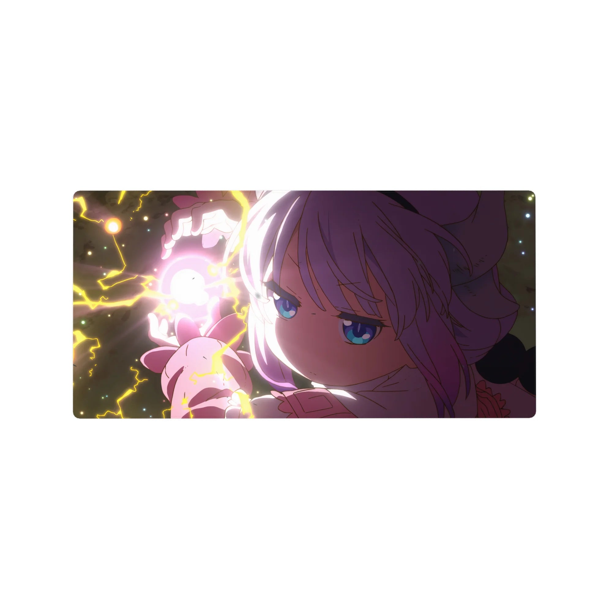 32x16 inches anime girl mouse pad with neon lightning, blue-eyed heroine, and starry night backdrop.
