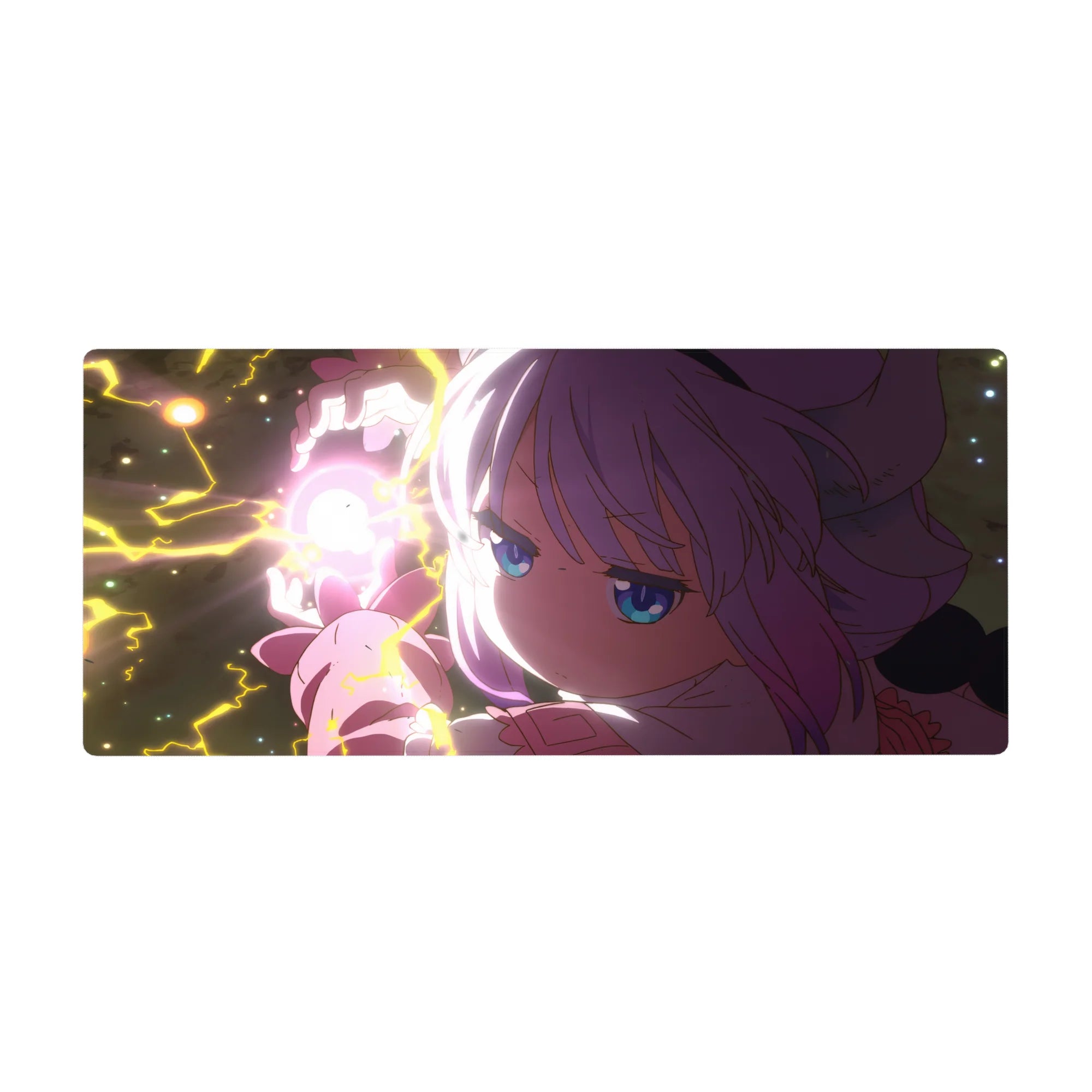 Anime girl desk pad 36x16 inches with neon pink glow, lavender hair, blue eyes, and lightning heart.