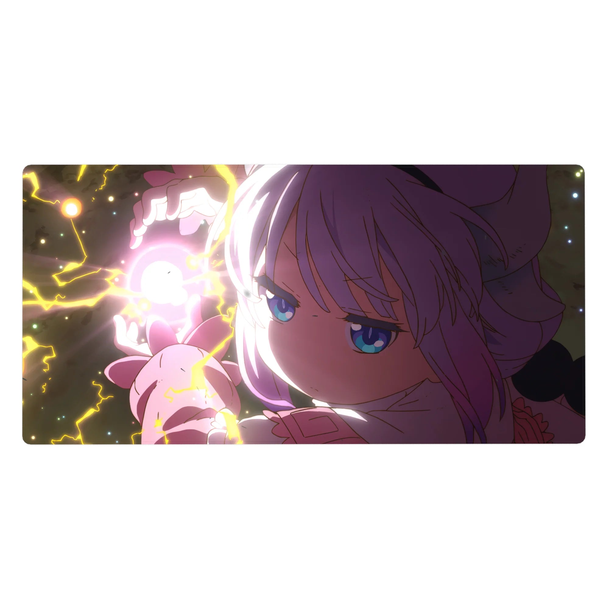 Anime girl desk pad 40x20 inches with neon pink hair, blue eyes, lightning and starry night background.