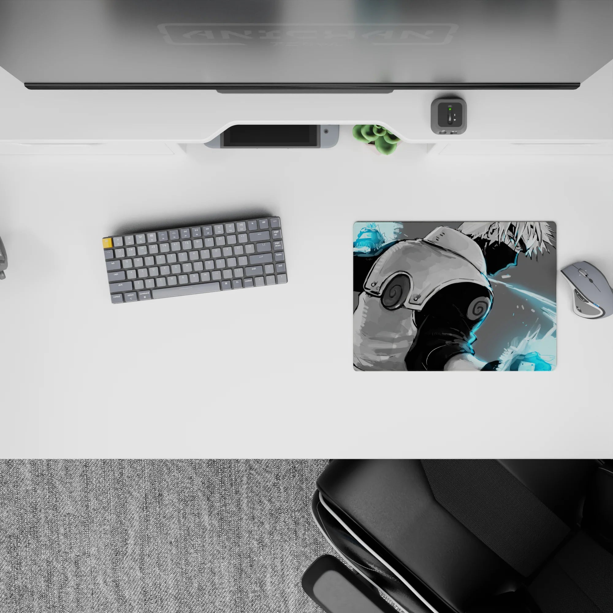 Soft gray and electric cyan anime mouse pad 14x10 inches, calm yet dangerous glow for gaming desks.