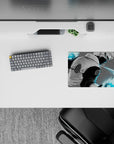 Soft gray and electric cyan anime mouse pad 14x10 inches, calm yet dangerous glow for gaming desks.