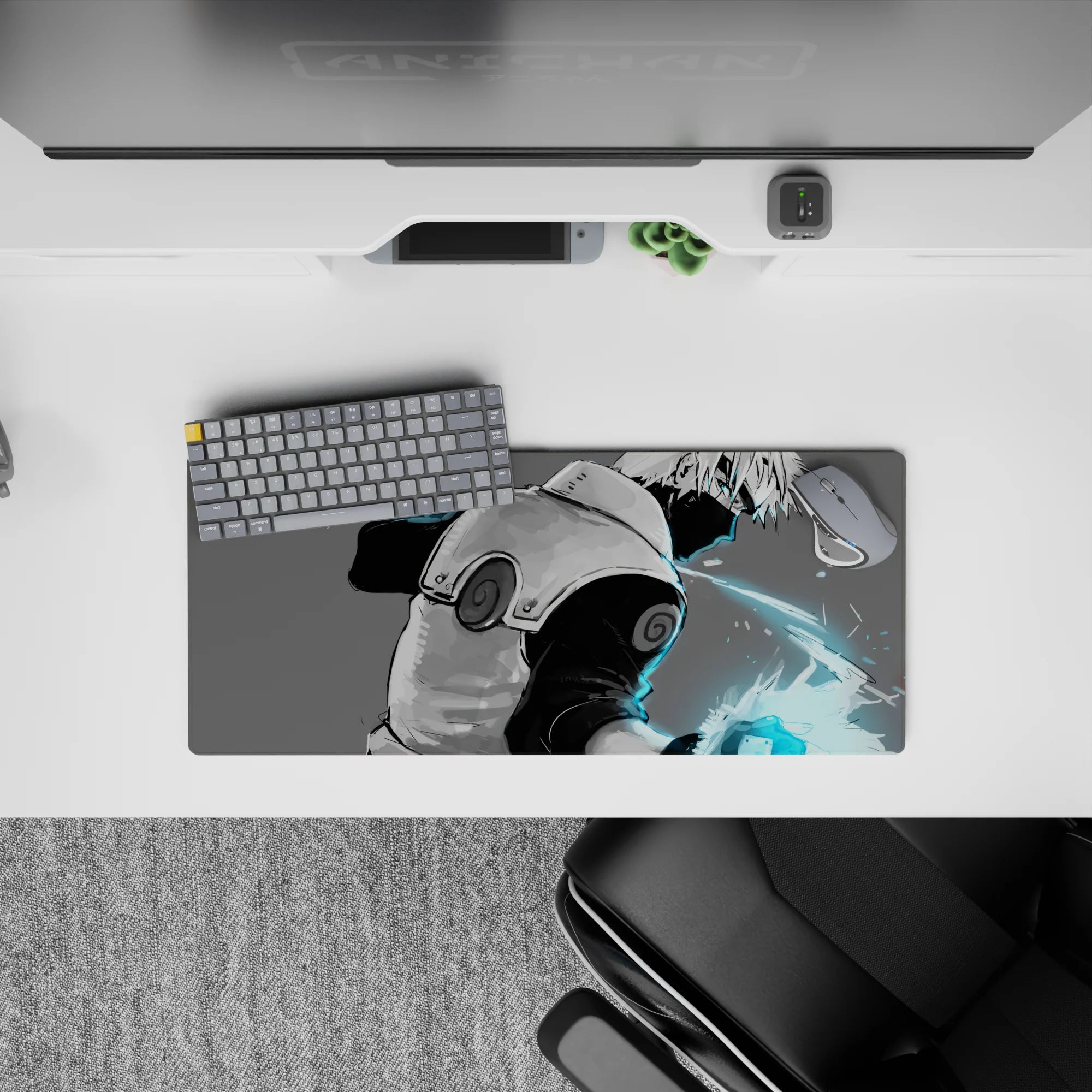 28x12 inches anime desk mat in soft grays with electric cyan glow, calm yet dangerous ninja vibe.