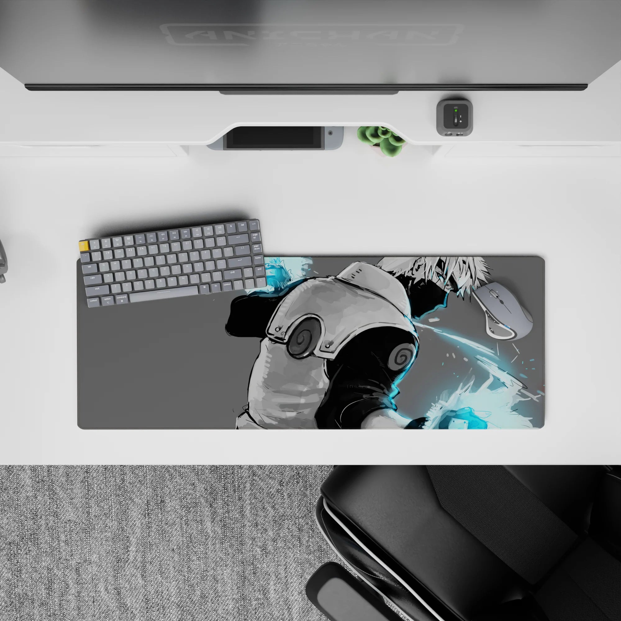 32x12 inches anime mouse pad in soft gray tones with electric cyan glow, calm yet dangerous vibe.