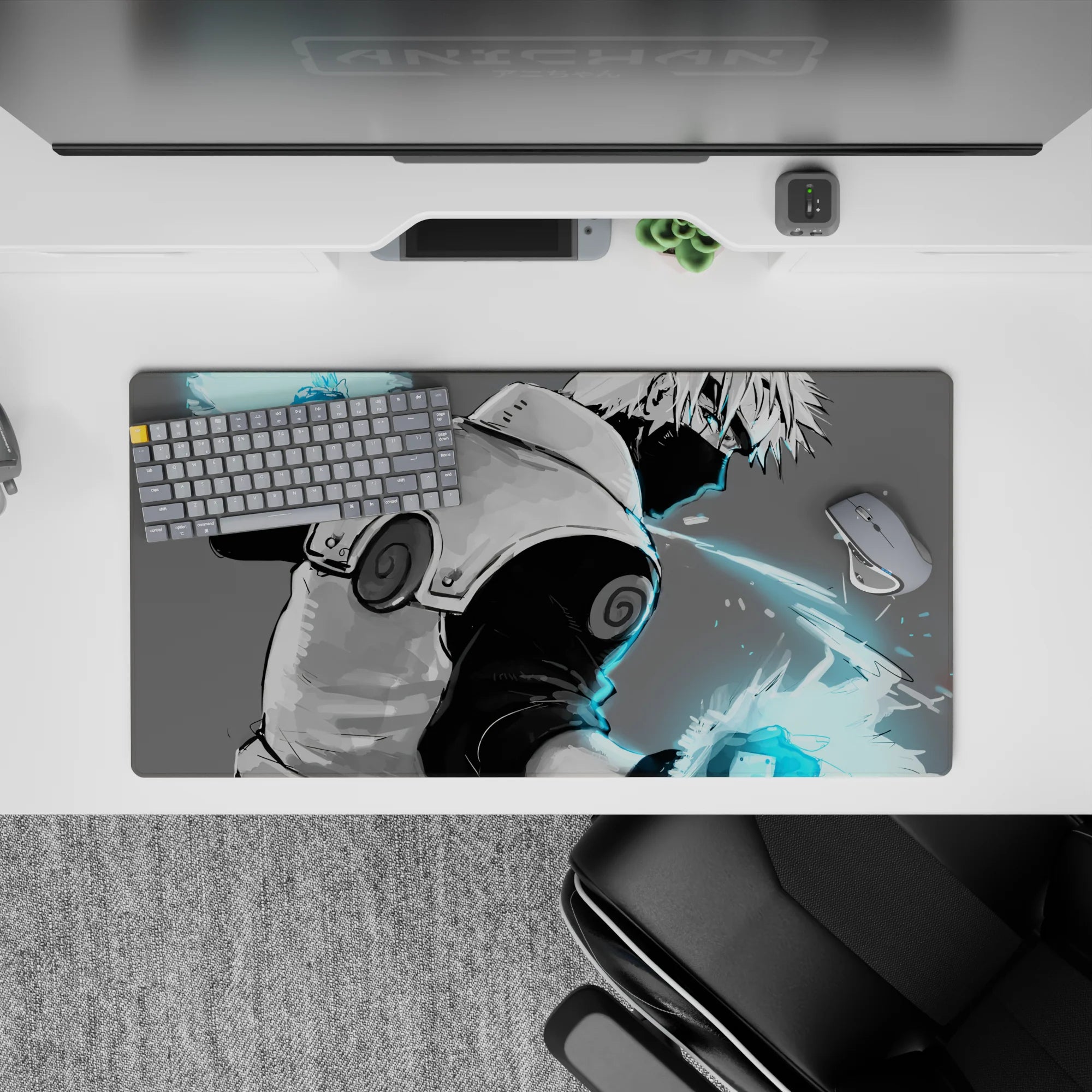 32x16 inches anime mouse pad in soft grays with electric cyan glow, calm yet dangerous ninja vibe.