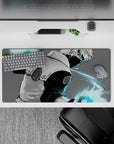 32x16 inches anime mouse pad in soft grays with electric cyan glow, calm yet dangerous ninja vibe.