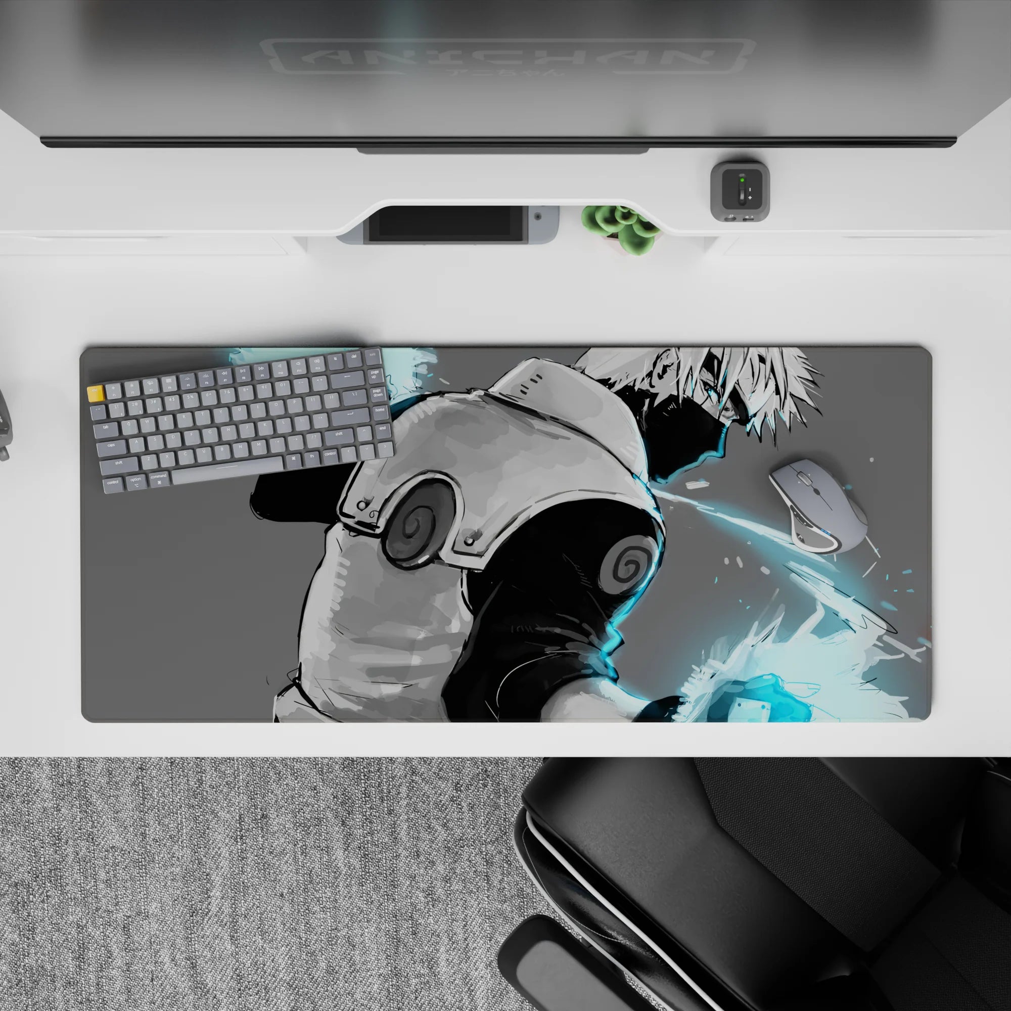 36x16 inches anime desk pad in soft grays with electric cyan sparks, calm yet dangerous late-night vibe.