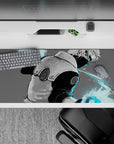 36x16 inches anime desk pad in soft grays with electric cyan sparks, calm yet dangerous late-night vibe.
