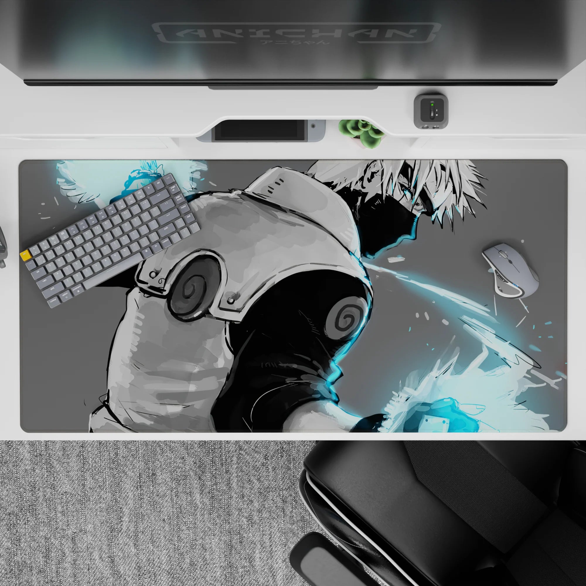 40x20 inches anime desk pad in soft grays with electric cyan glow, calm yet dangerous late-night vibe.