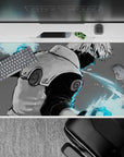 40x20 inches anime desk pad in soft grays with electric cyan glow, calm yet dangerous late-night vibe.