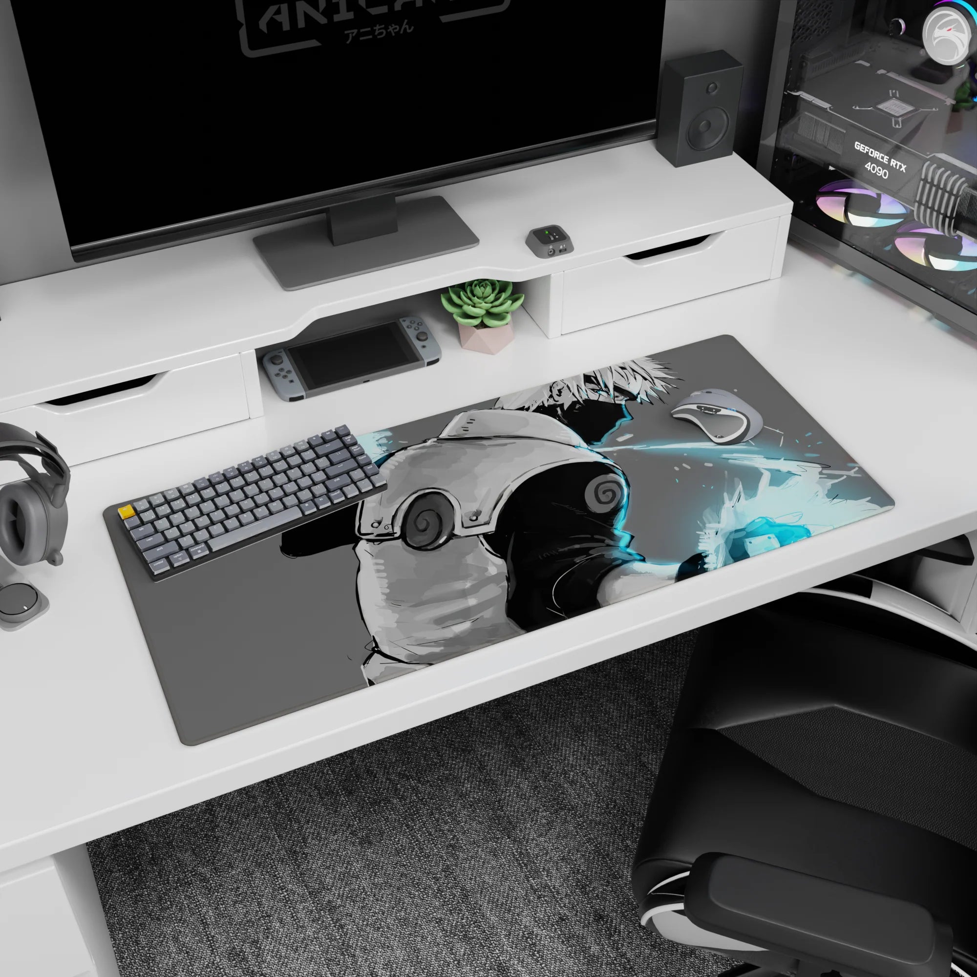 Kakashi Hatake Naruto desk pad 36x16 inches, mask on, sharp eye mid-turn with cyan lightning crackling.
