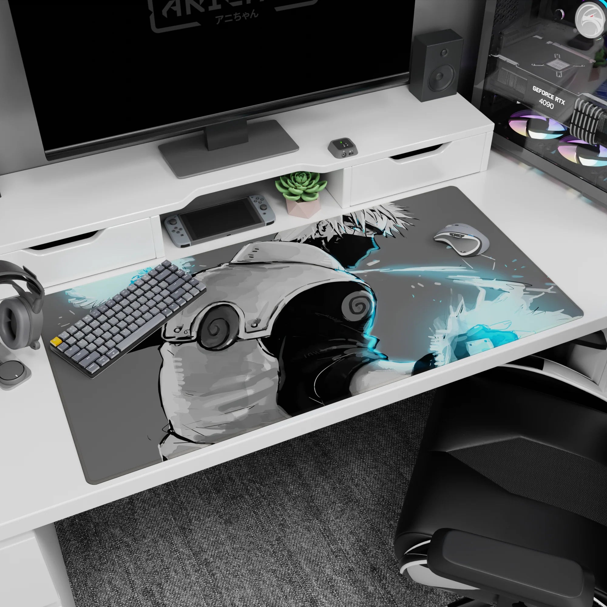 Naruto Kakashi Hatake desk pad 40x20 inches, masked mid-turn with one sharp eye and lightning in hand.