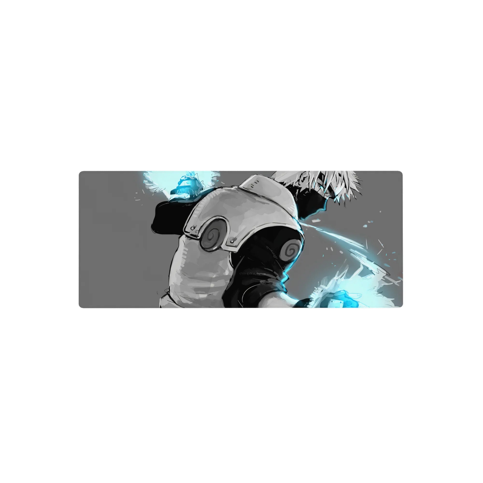 28x12 inches anime mouse pad with Kakashi mid-turn, mask on, cyan sparks, clean motion streaks.