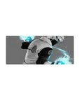 28x12 inches anime mouse pad with Kakashi mid-turn, mask on, cyan sparks, clean motion streaks.