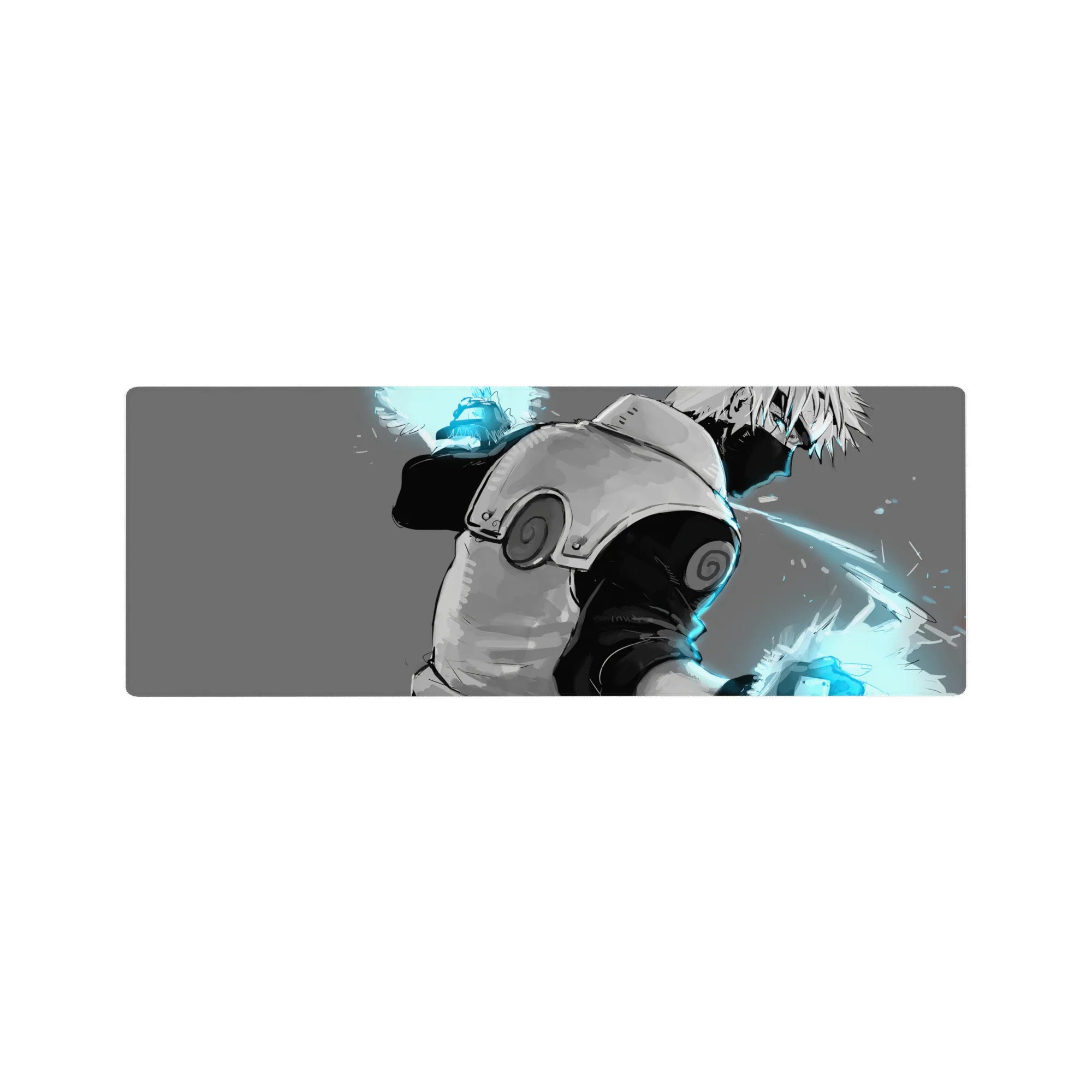32x12 inches anime mouse pad with masked ninja turn pose, cyan lightning streaks, smooth desk mat design.