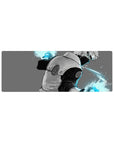 32x12 inches anime mouse pad with masked ninja turn pose, cyan lightning streaks, smooth desk mat design.