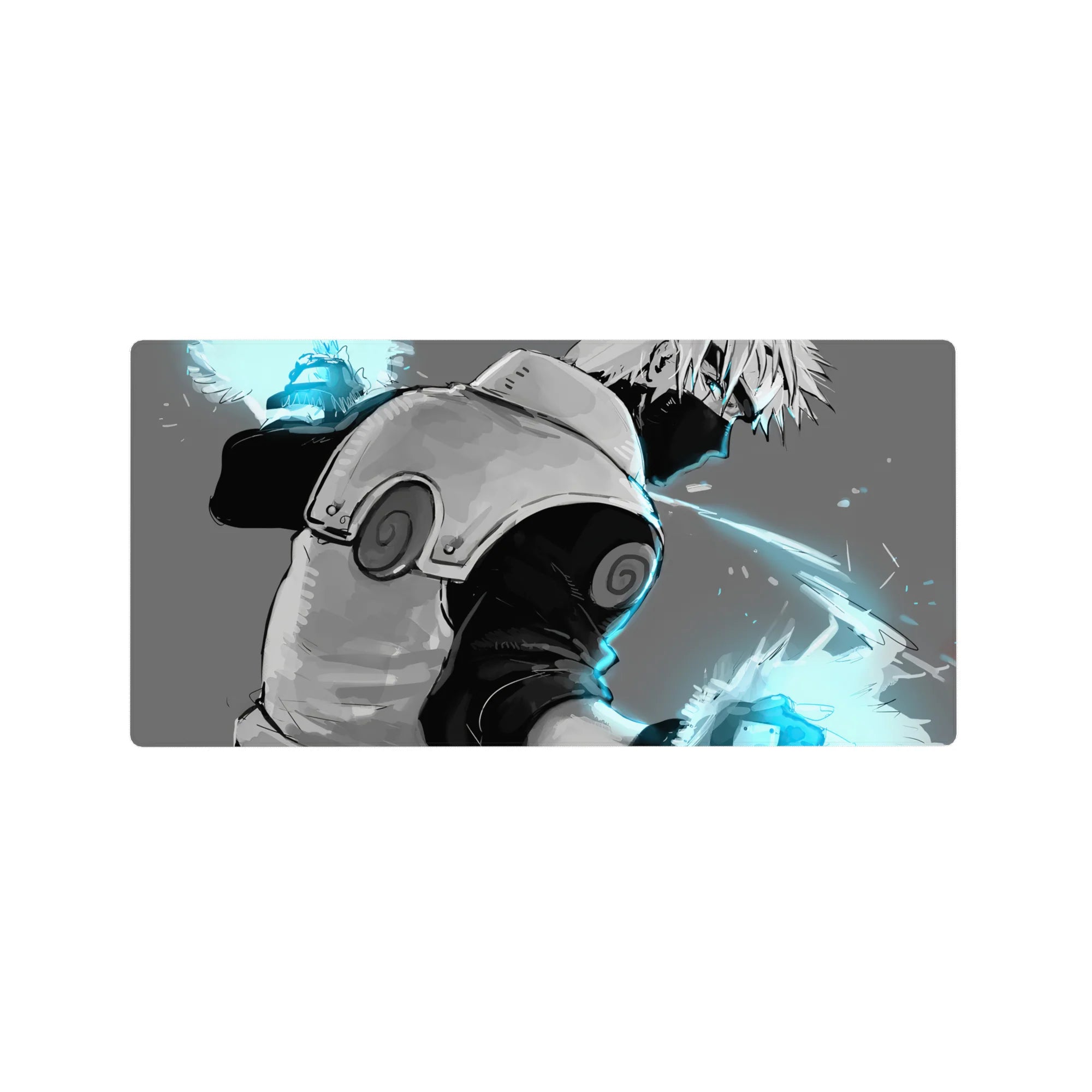 32x16 inches anime mouse pad with Kakashi mid-turn, cyan sparks, clean motion streaks, smooth desk mat.