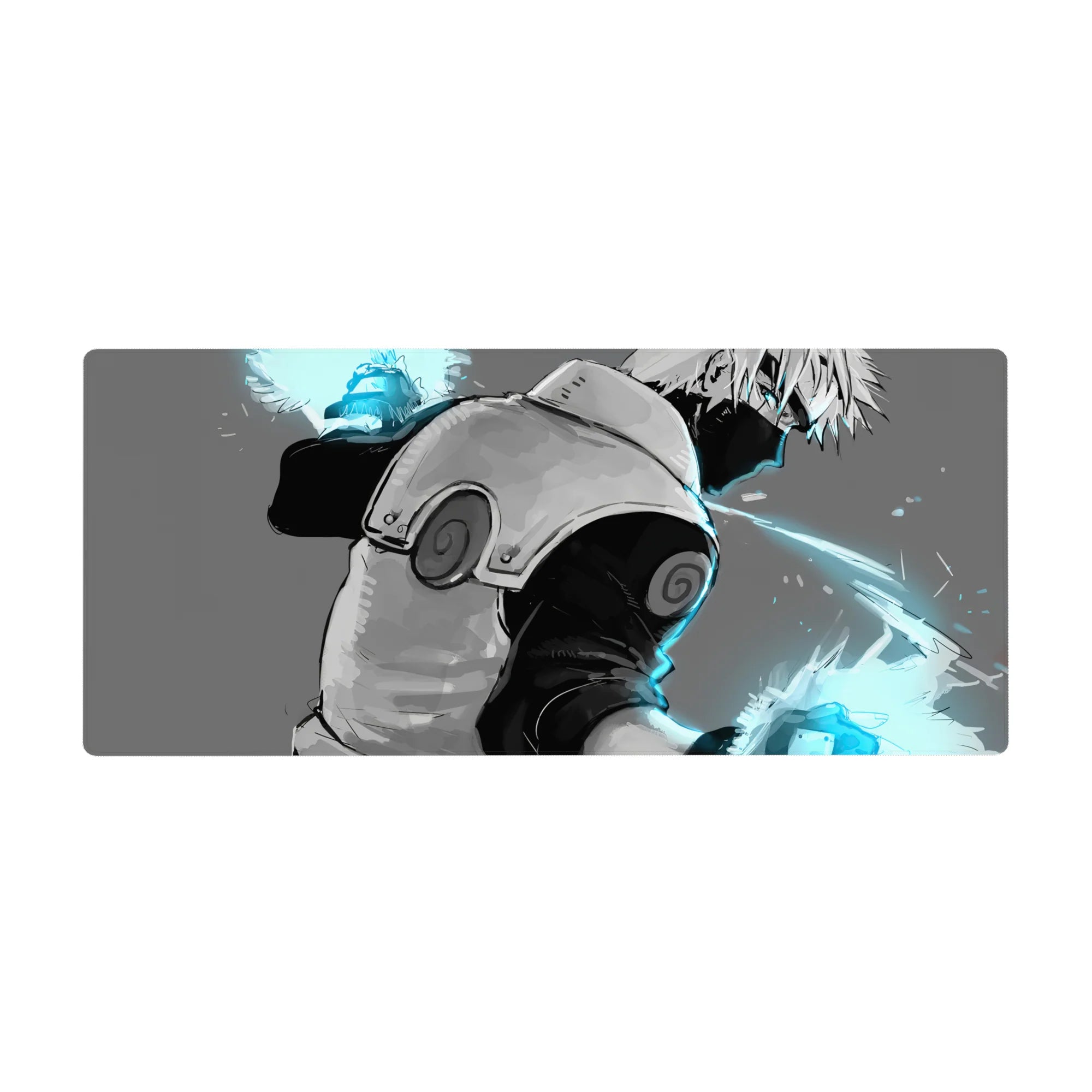 Anime desk pad 36x16 inches with dynamic ninja turn, motion streaks, and clean electric energy design.