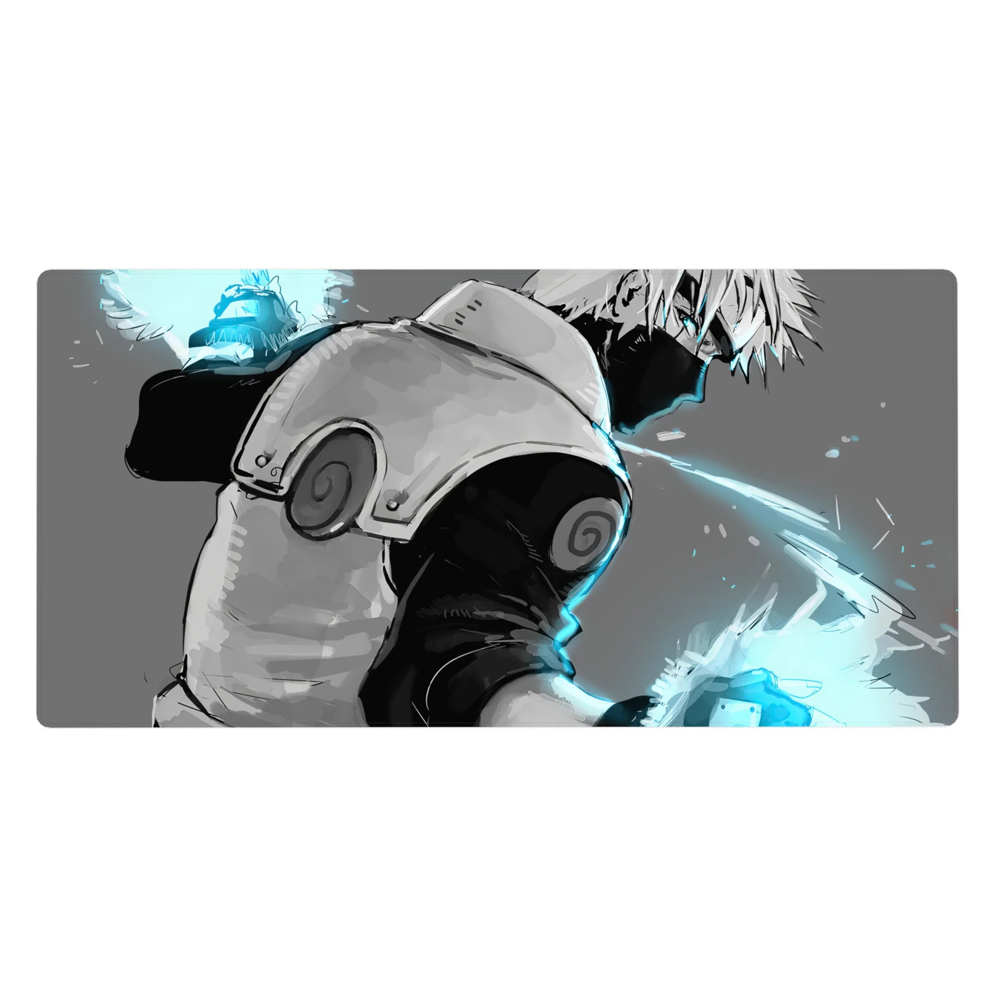 Anime desk pad 40x20 inches with Kakashi-style ninja action, cyan sparks, smooth glide and non-slip base.
