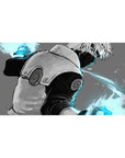 Anime desk pad 40x20 inches with Kakashi-style ninja action, cyan sparks, smooth glide and non-slip base.