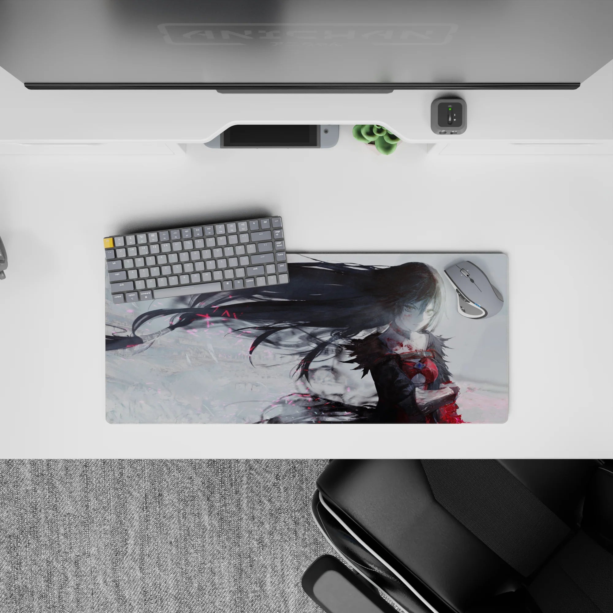 28x12 inches anime girl mouse pad in smoky grays with crimson accents and pink sparks, moody and elegant.