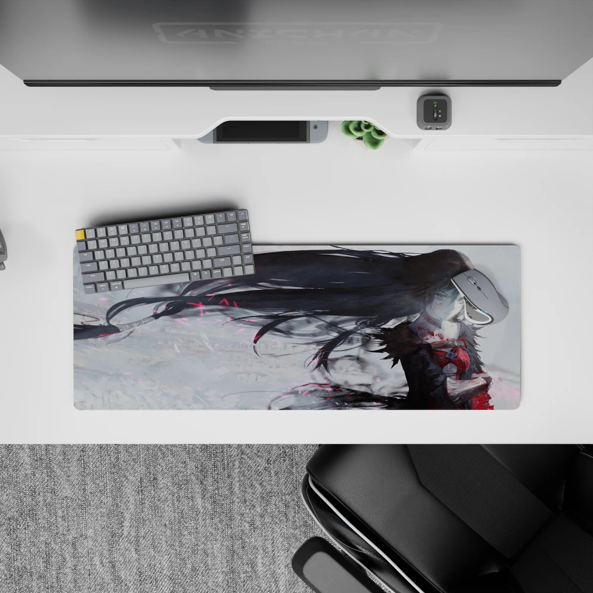 32x12 inches anime mouse pad in smoky grays with crimson accents and pink sparks, moody and sleek.
