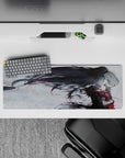 32x12 inches anime mouse pad in smoky grays with crimson accents and pink sparks, moody and sleek.