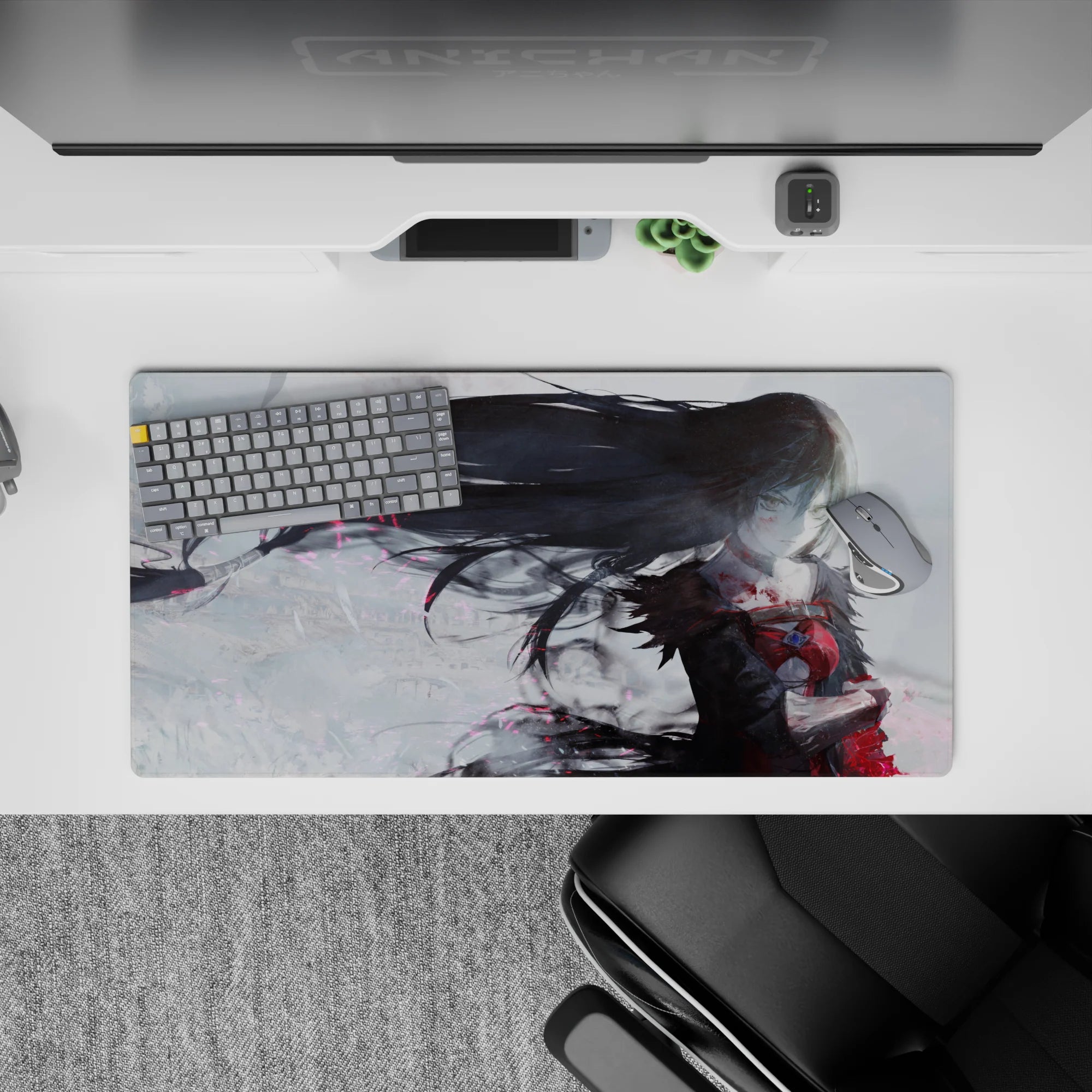 Anime girl mouse pad 32x16 inches in smoky grays with crimson accents and pink sparks, moody dramatic vibe.
