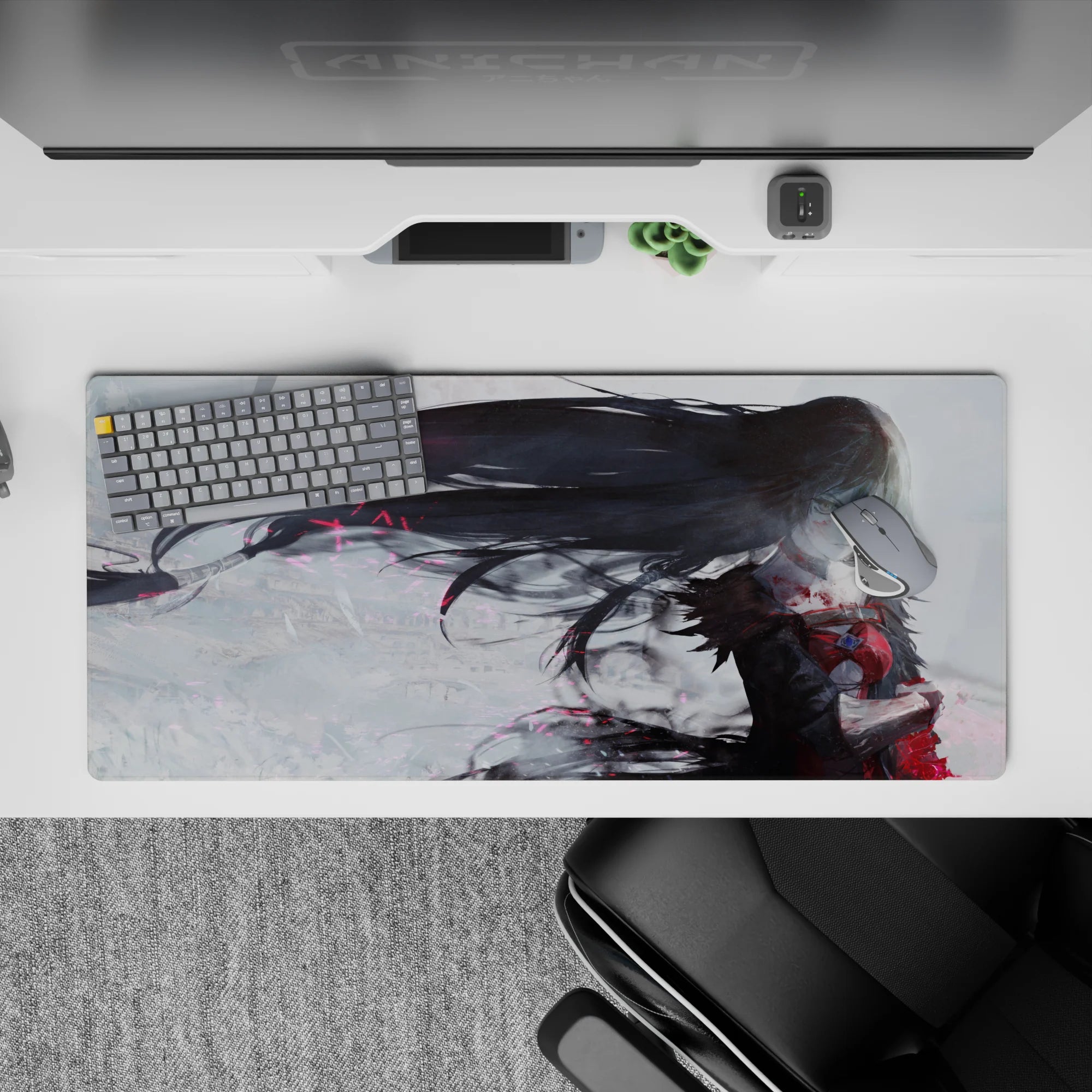 Moody anime desk pad 36x16 inches in smoky grays, crimson accents, and tiny pink sparks.