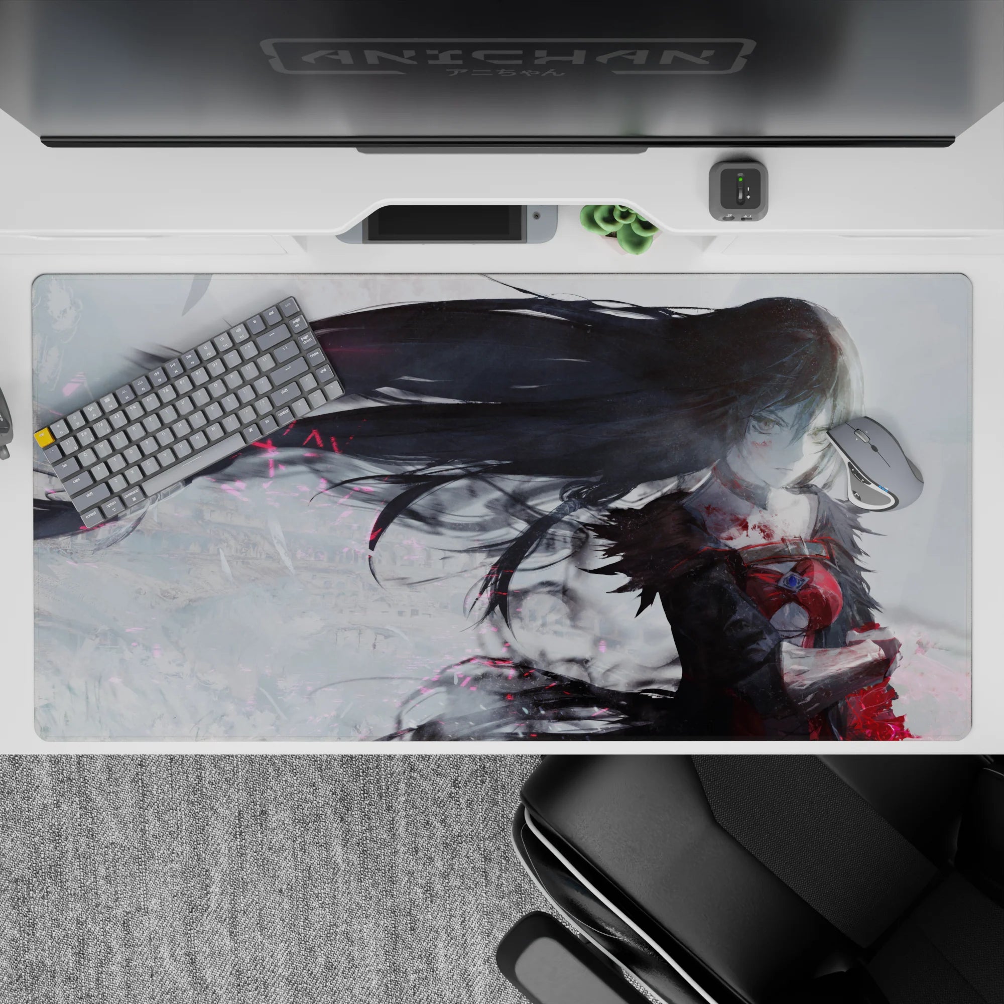 40x20 inches anime desk pad in foggy whites, smoky grays, crimson accents, and pink spark highlights.