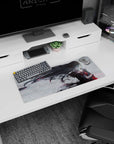 28x12 inches anime girl mouse pad showing calm dark-haired warrior, ink-black hair sweeping through mist.