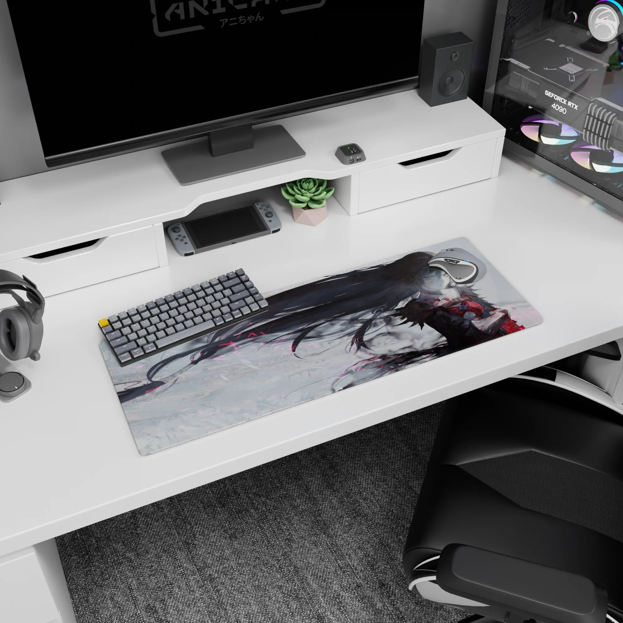 32x12 inches anime girl mouse pad showing calm black-haired warrior sweeping through a foggy white arena.