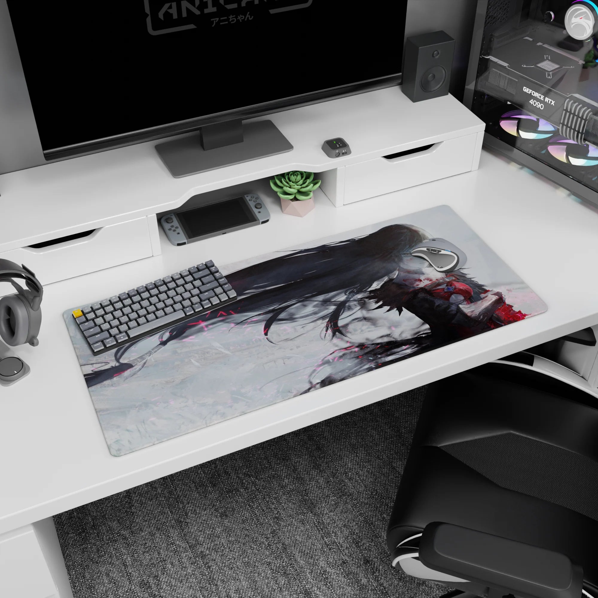 Raven-haired anime heroine sweeping through a foggy white arena desk pad 36x16 inches.