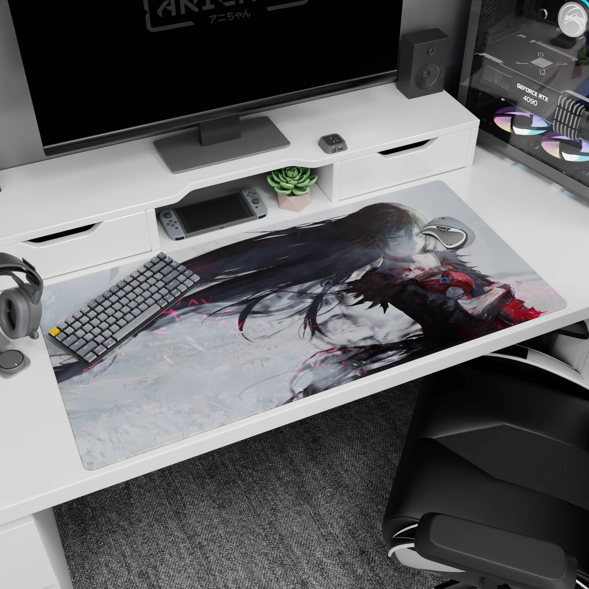 40x20 inches desk pad showing a calm anime heroine with ink-black hair sweeping through a misty arena.