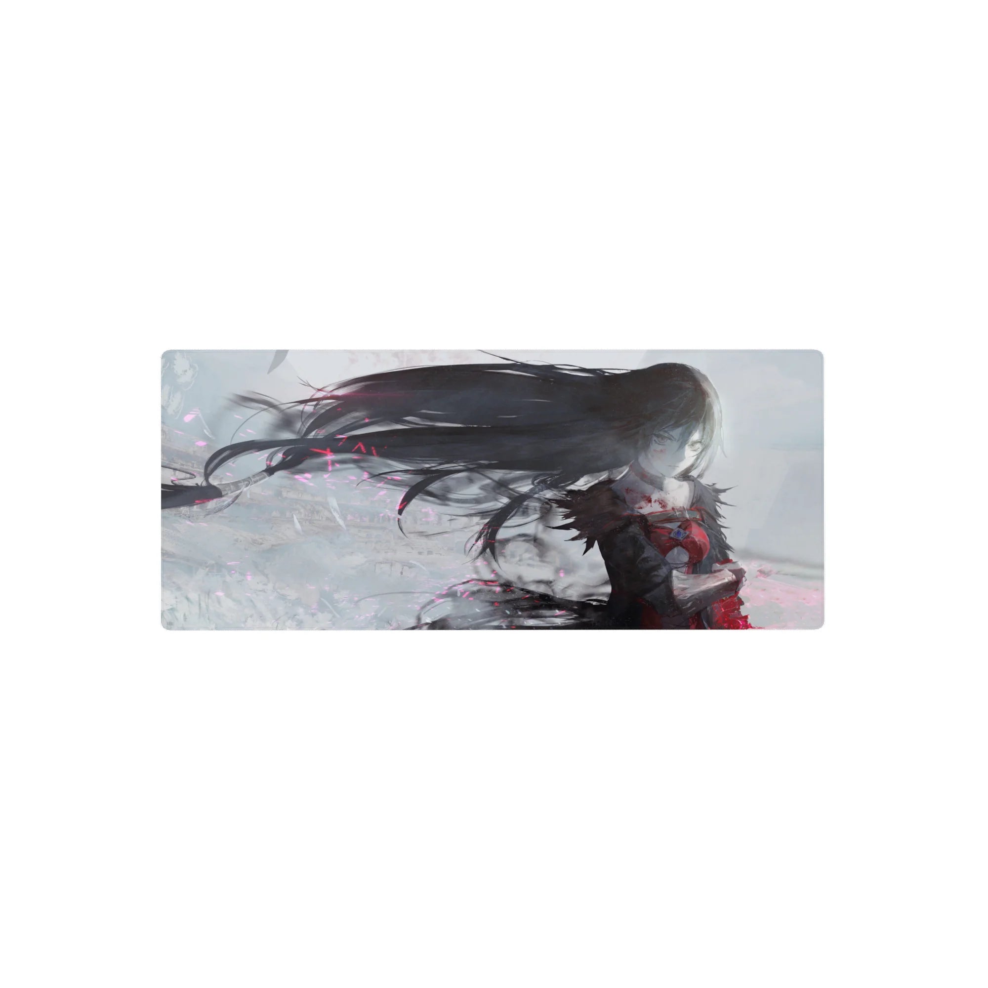 28x12 inches anime girl mouse pad with raven-haired heroine in dramatic fantasy motion, foggy white arena.