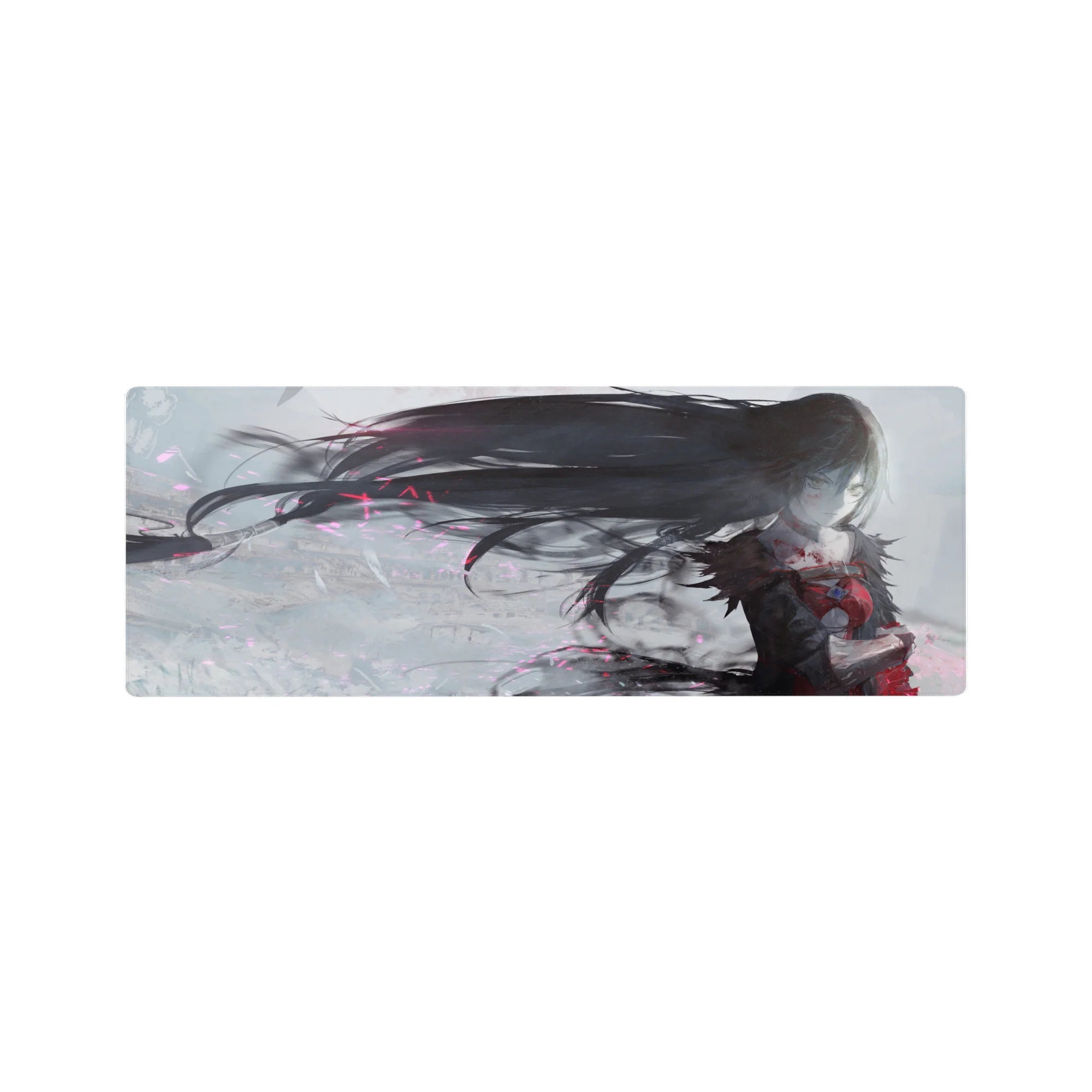 32x12 inches anime girl mouse pad with raven-haired heroine in motion, dramatic fantasy desk mat.