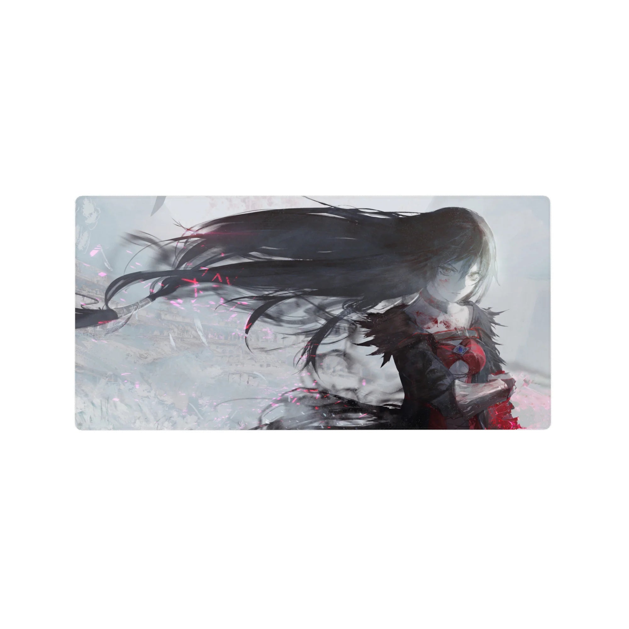Anime girl mouse pad 32x16 inches with raven-haired heroine in dynamic fantasy art on foggy white backdrop.