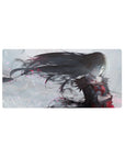 Anime girl mouse pad 32x16 inches with raven-haired heroine in dynamic fantasy art on foggy white backdrop.