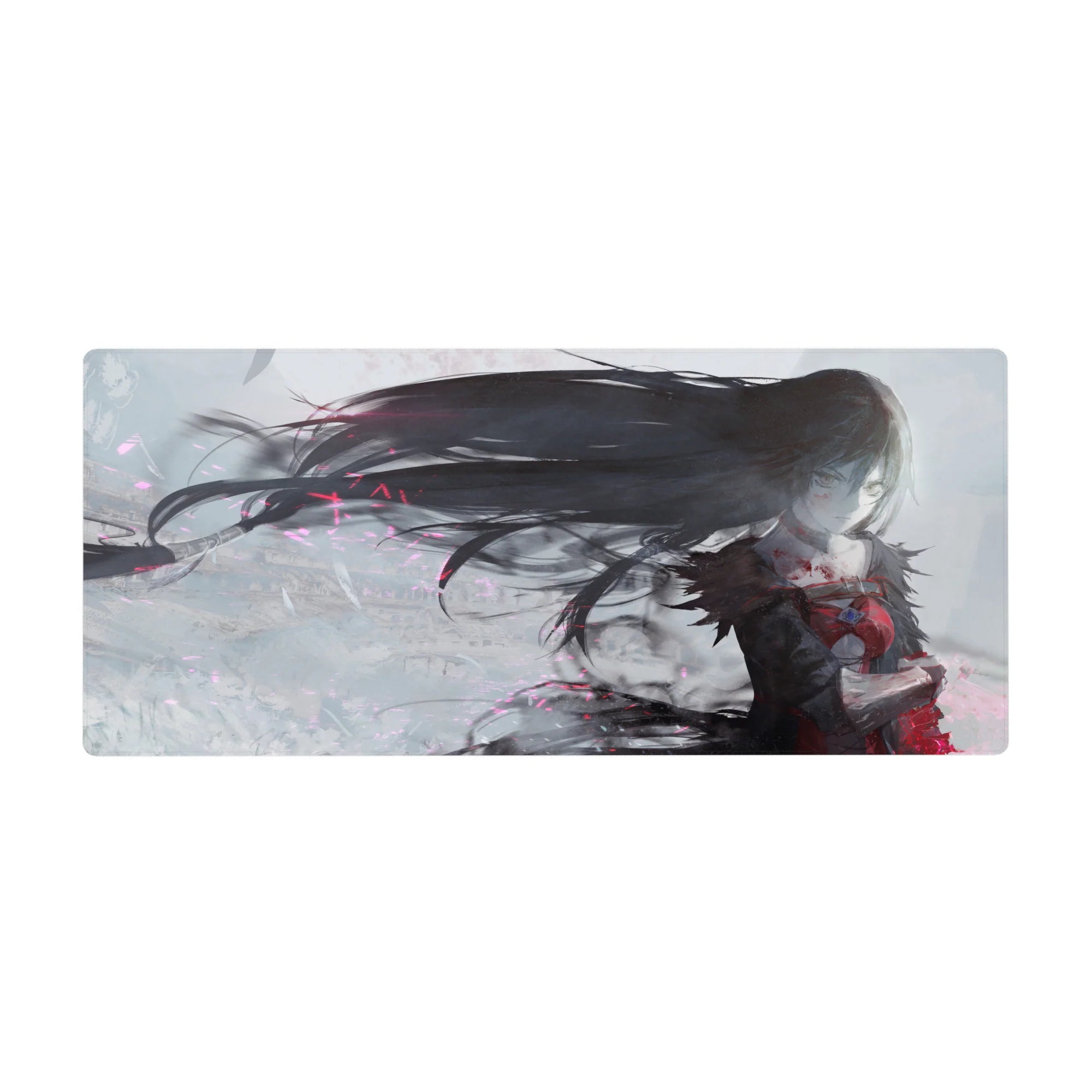 Anime girl desk pad 36x16 inches with raven-haired heroine, dynamic pose, bold outfit details.