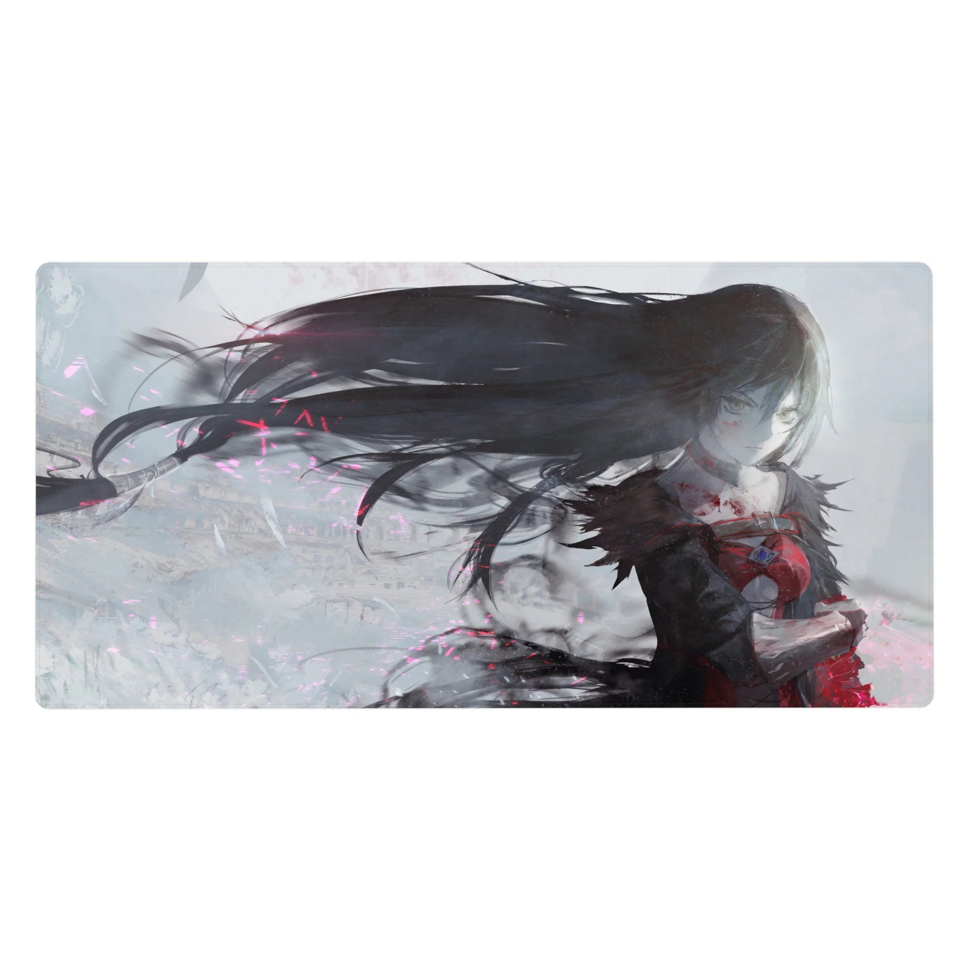 40x20 inches anime girl desk pad with raven-haired heroine, flowing motion, bold outfit details.
