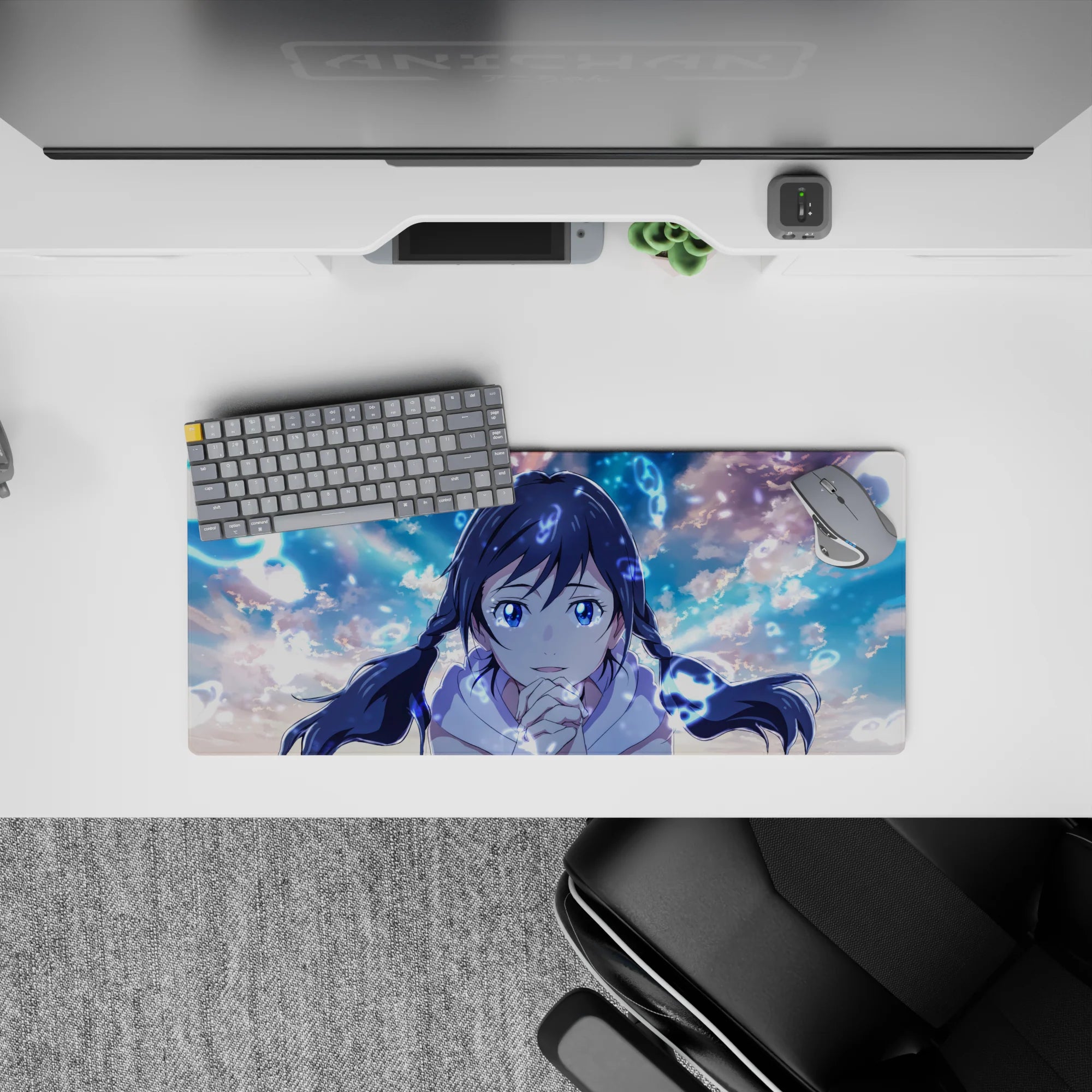 28x12 inches anime desk mouse pad in soft sky blues with dreamy clouds, calm glow, and cozy magical vibe.