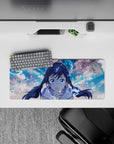 28x12 inches anime desk mouse pad in soft sky blues with dreamy clouds, calm glow, and cozy magical vibe.