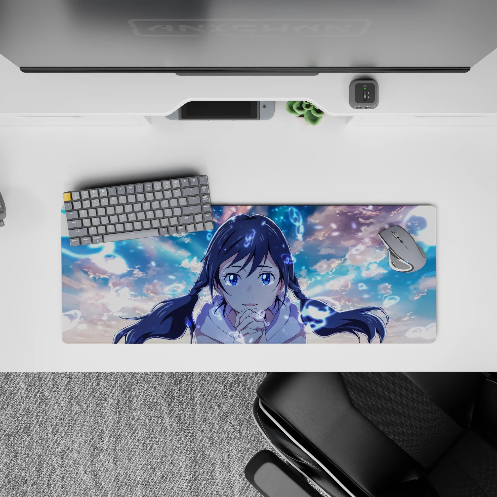 32x12 inches extended mouse pad in soft sky blues with dreamy clouds and a calm, cozy glow.