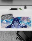 32x12 inches extended mouse pad in soft sky blues with dreamy clouds and a calm, cozy glow.