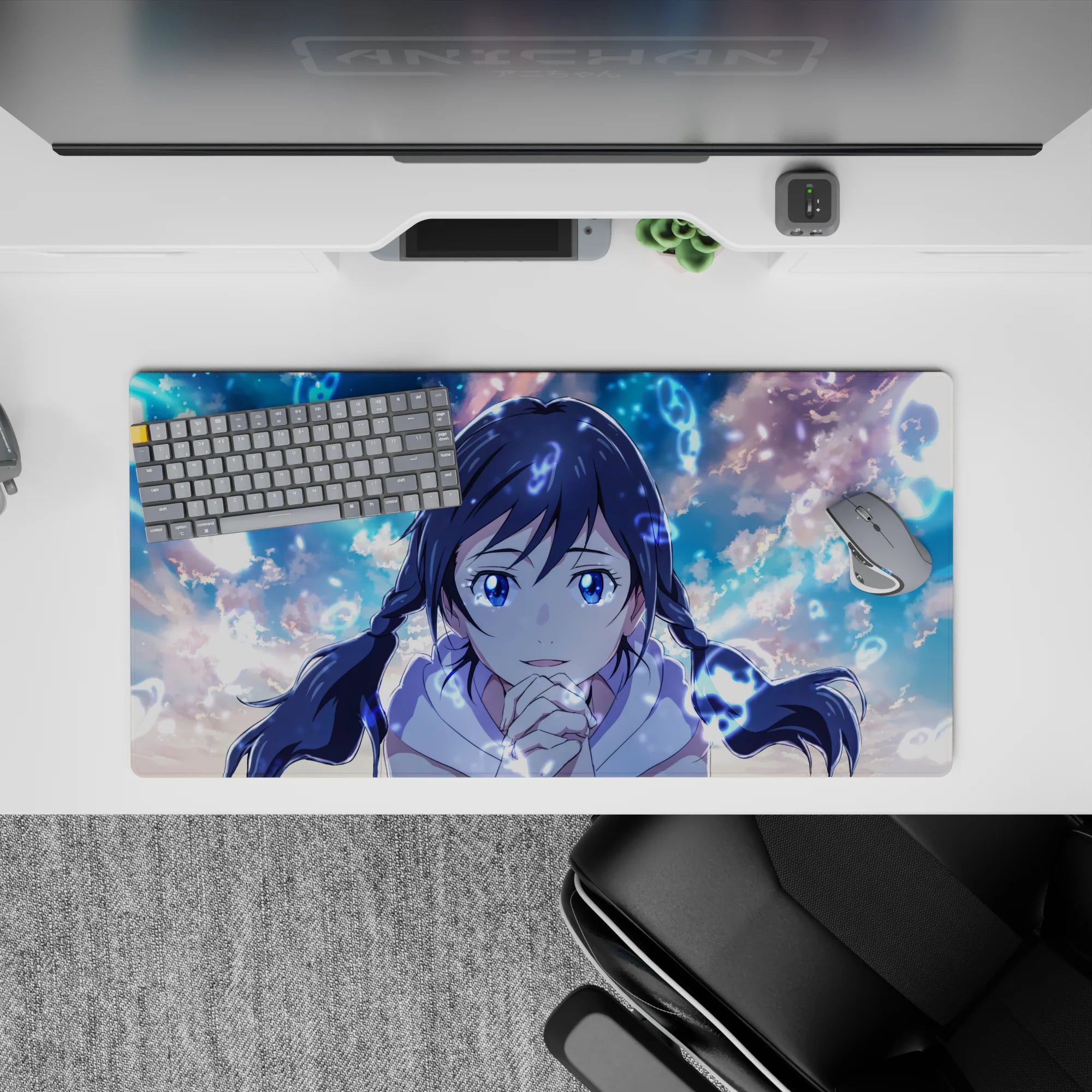 32x16 inches anime desk mat in soft sky blues with dreamy clouds and a calm, magical cozy glow.