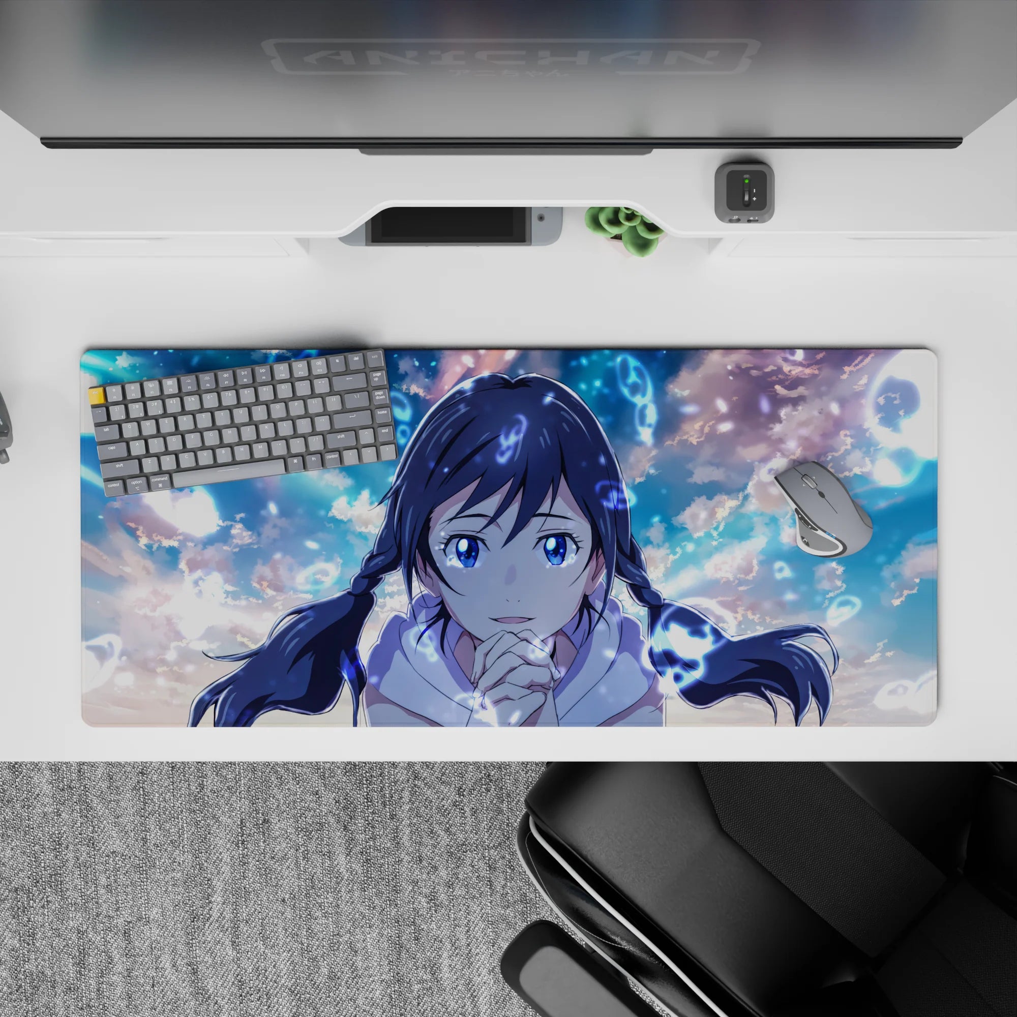 Calm sky-blue anime desk pad 36x16 inches with dreamy clouds, soft glow, and gentle magical highlights.