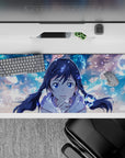 Calm sky-blue anime desk pad 36x16 inches with dreamy clouds, soft glow, and gentle magical highlights.