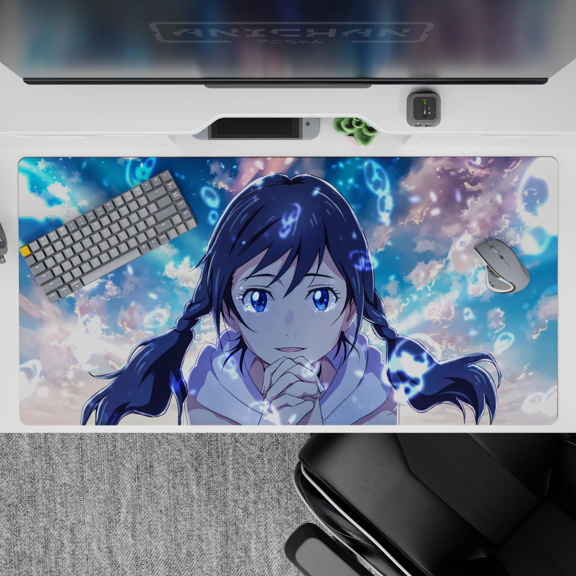 40x20 inches anime desk pad in soft sky blues with dreamy clouds, calm glow, and gentle magical sparkle.