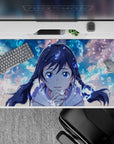 40x20 inches anime desk pad in soft sky blues with dreamy clouds, calm glow, and gentle magical sparkle.